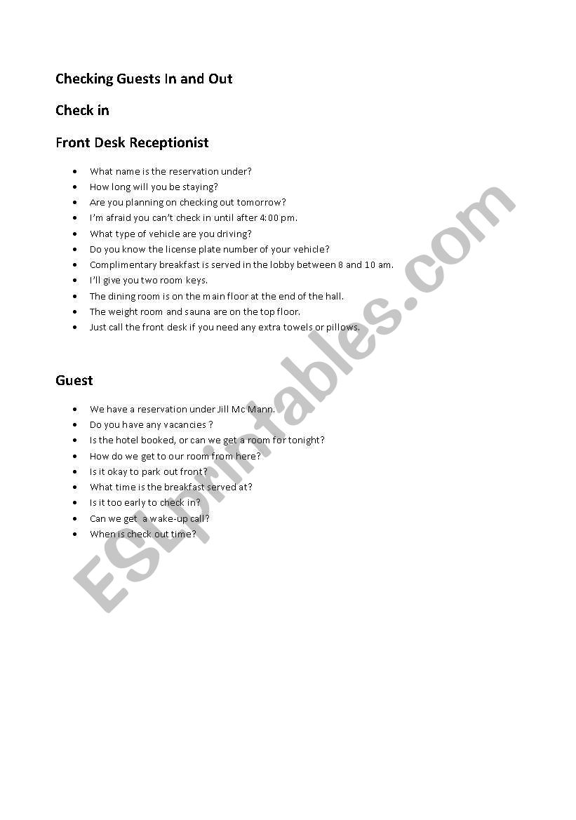 CHECKING GUESTS IN AND OUT worksheet