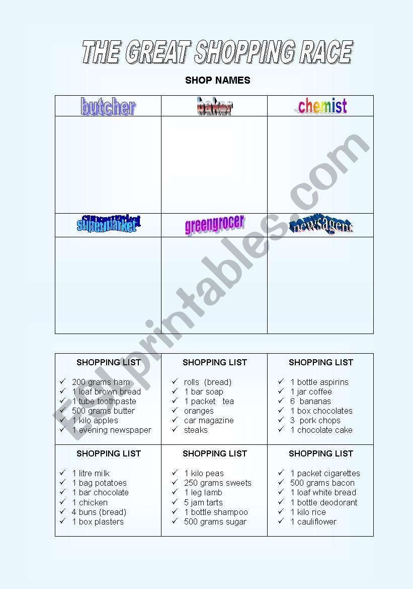 The Great Shopping Race worksheet