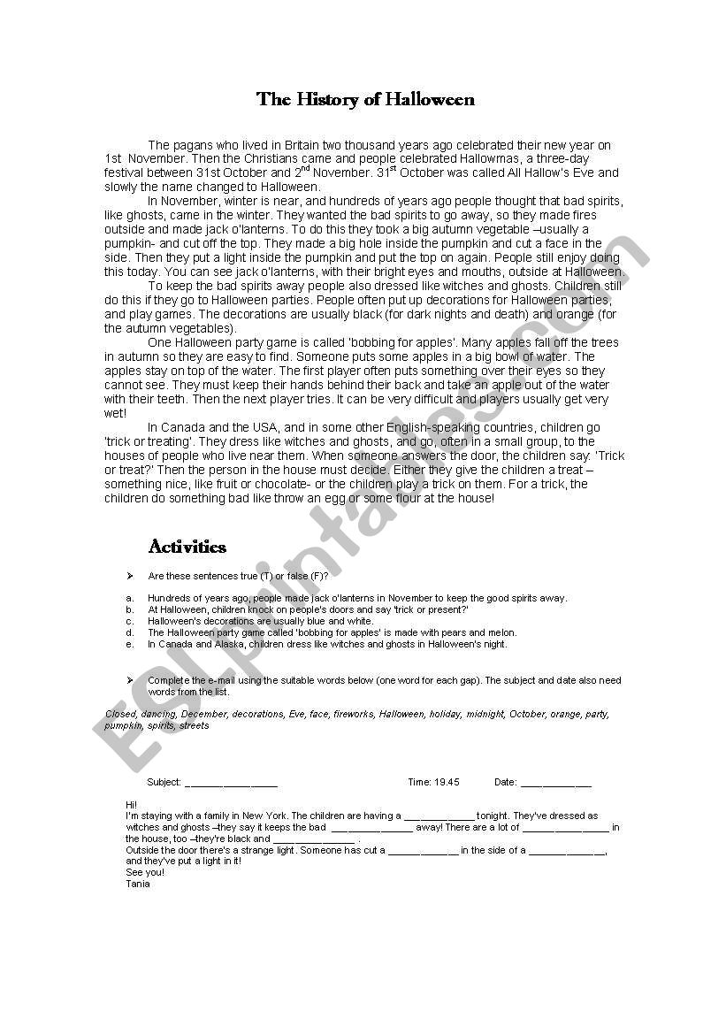 The History of Halloween worksheet