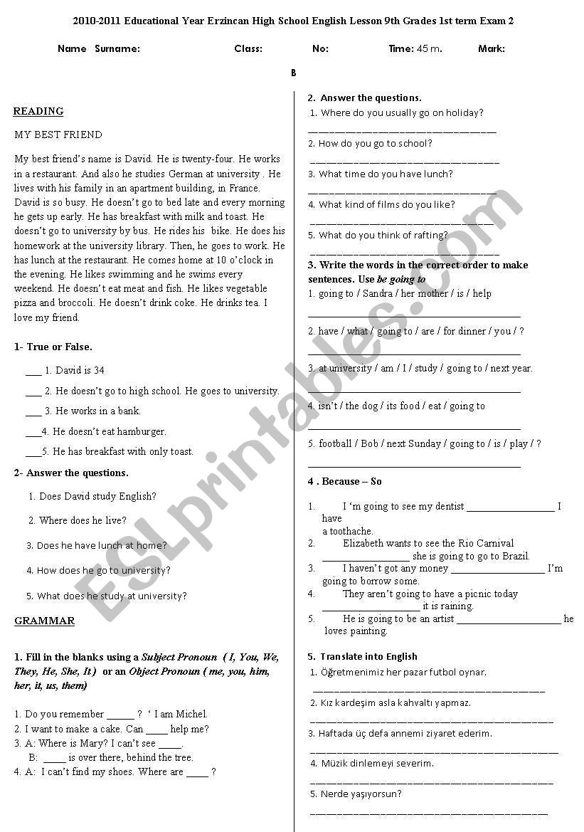 exam for 9th grades worksheet