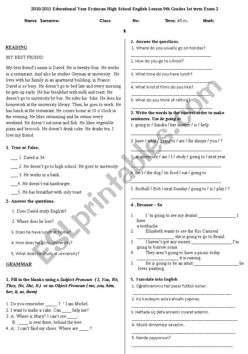 exam for 9th grades worksheet