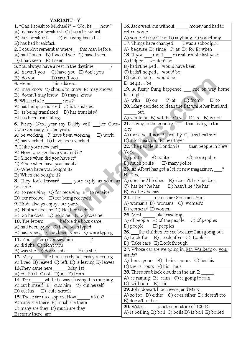 test worksheet