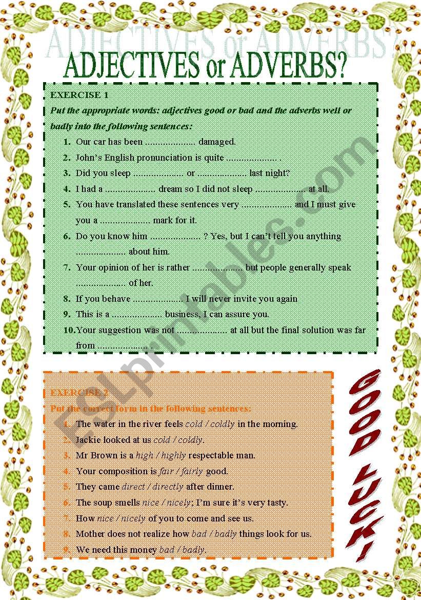 ADJECTIVES & ADVERBS  - 4 PAGES WITH 6 VARIOUS EXERCISES!!! (FULLY EDITABLE)!