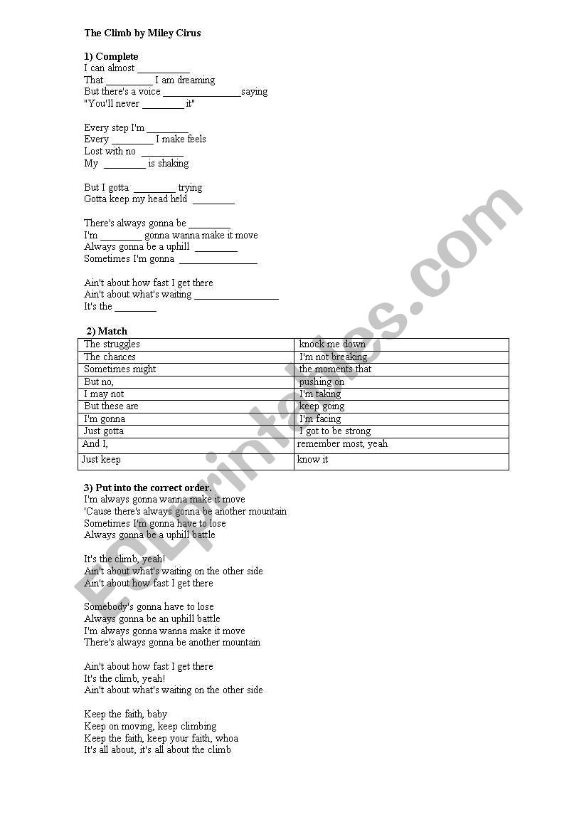 The climb By Miley Cirus worksheet