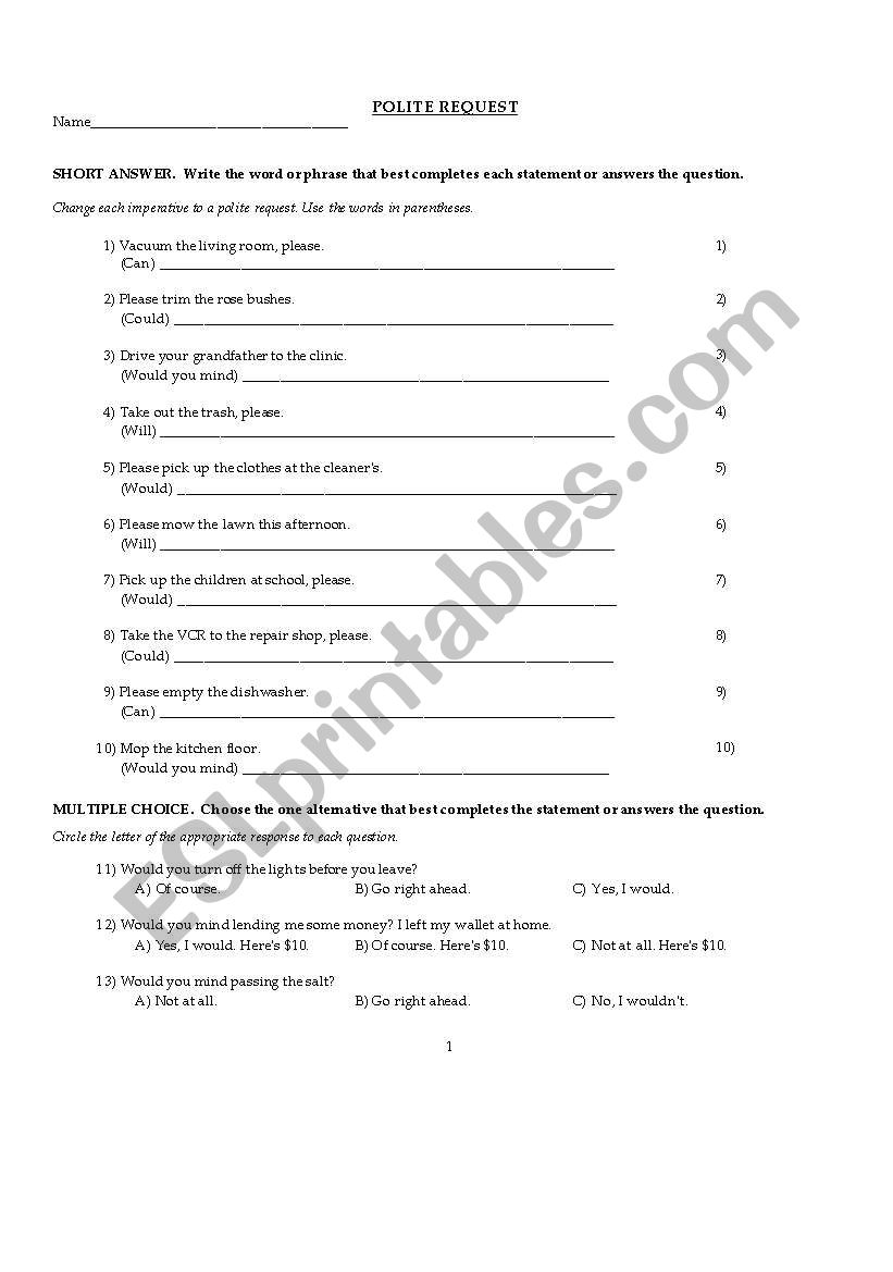 ASKING FOR  REQUEST worksheet