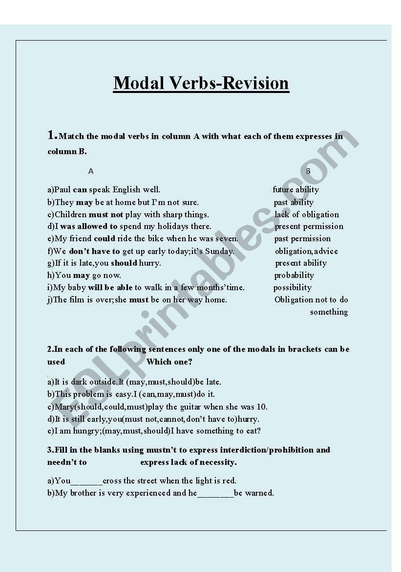 Modal Verbs-Revision worksheet