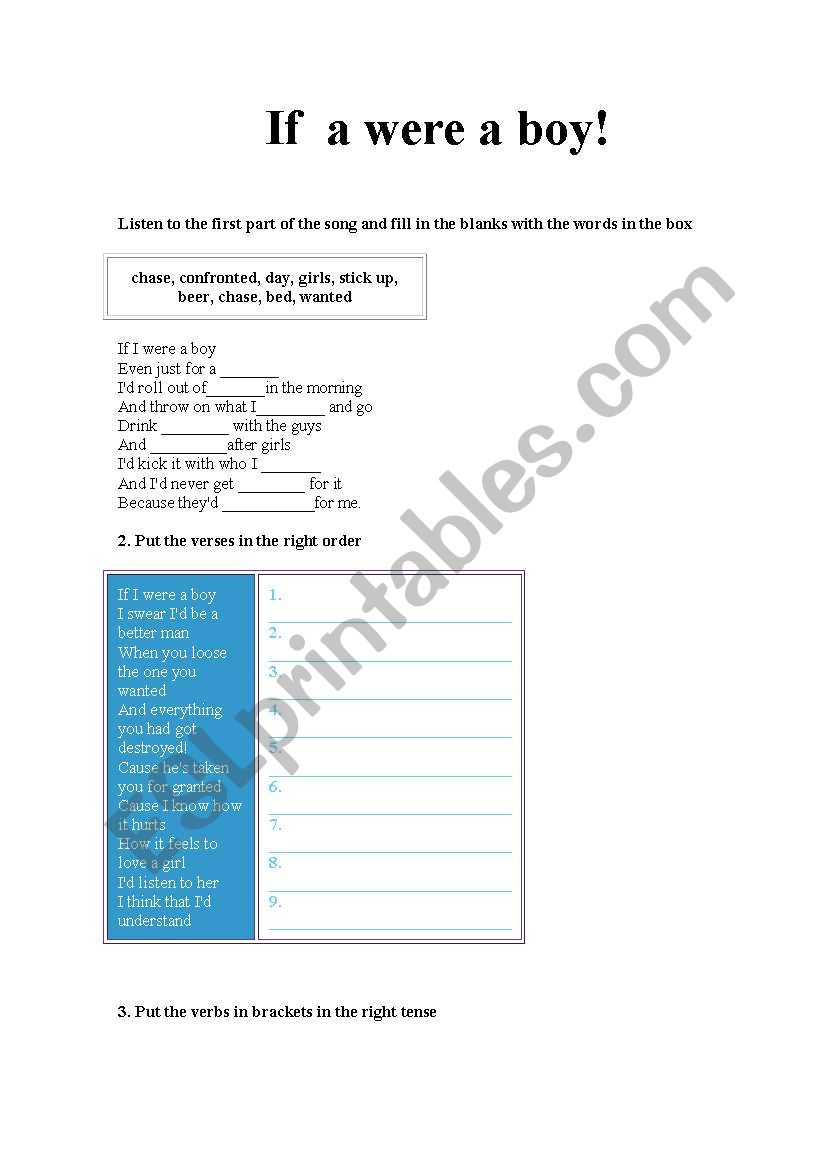 If a were a boy (SONG) worksheet