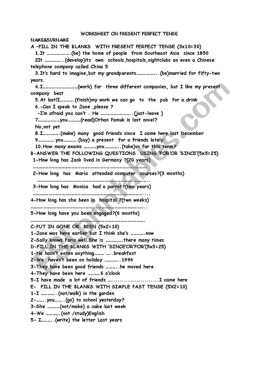 worksheet on present perfect tense