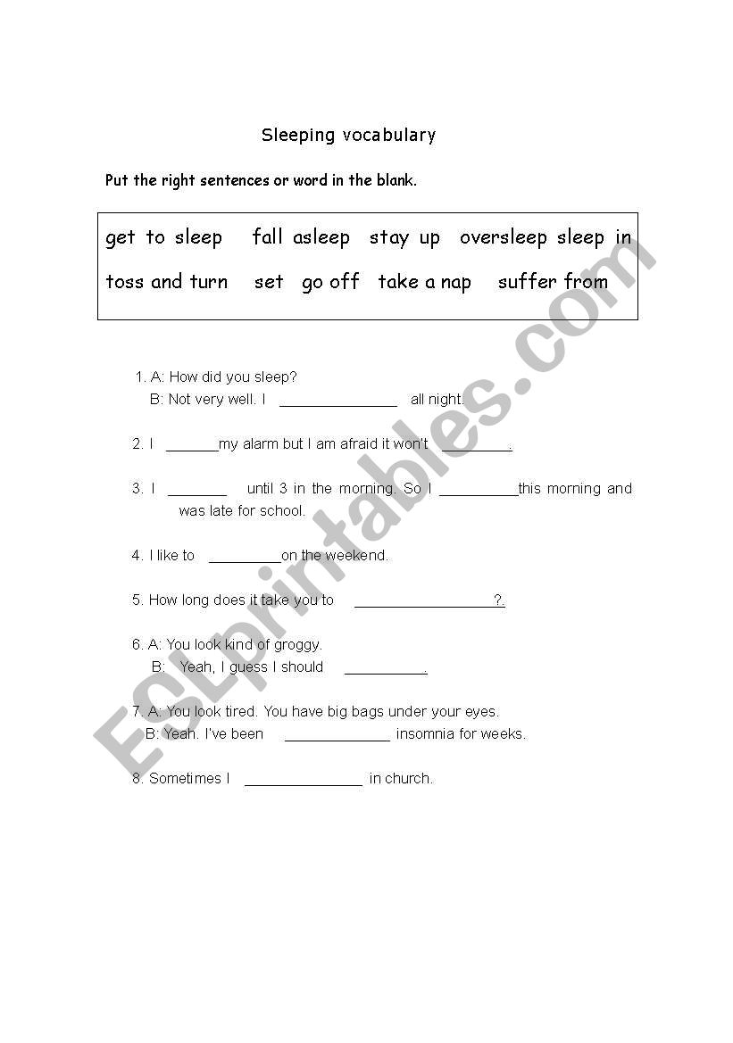 sleeping vocabulary worksheet