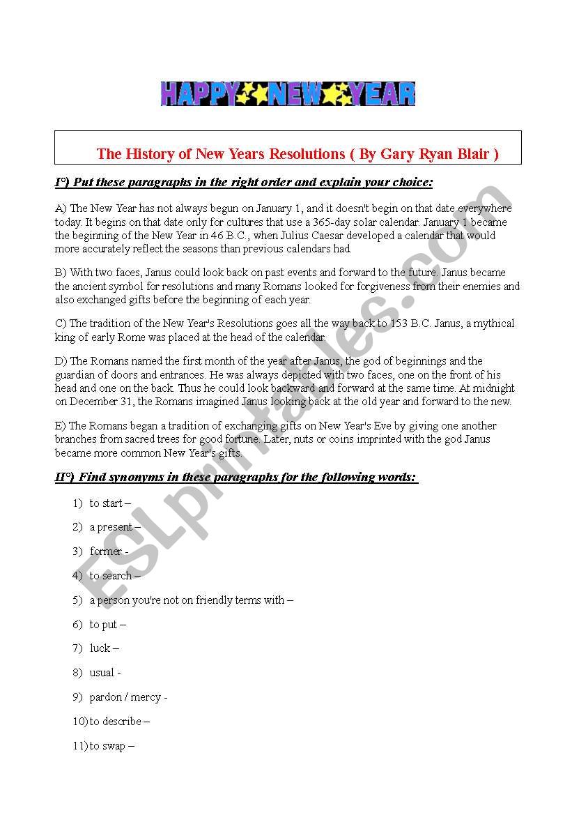 History of the New year worksheet