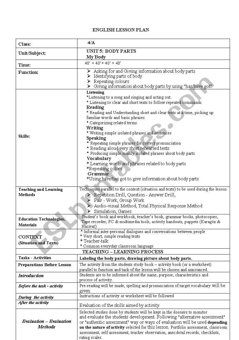 lesson plan body parts worksheet