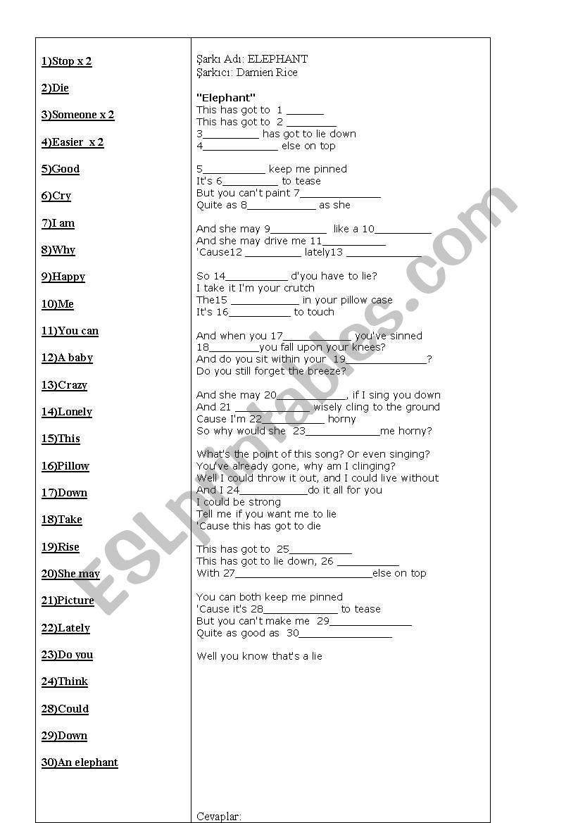 Gap filling activity with a song