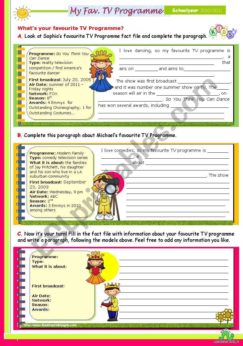 My Favourite TV Programme - Guided Writing - ESL worksheet by mena30