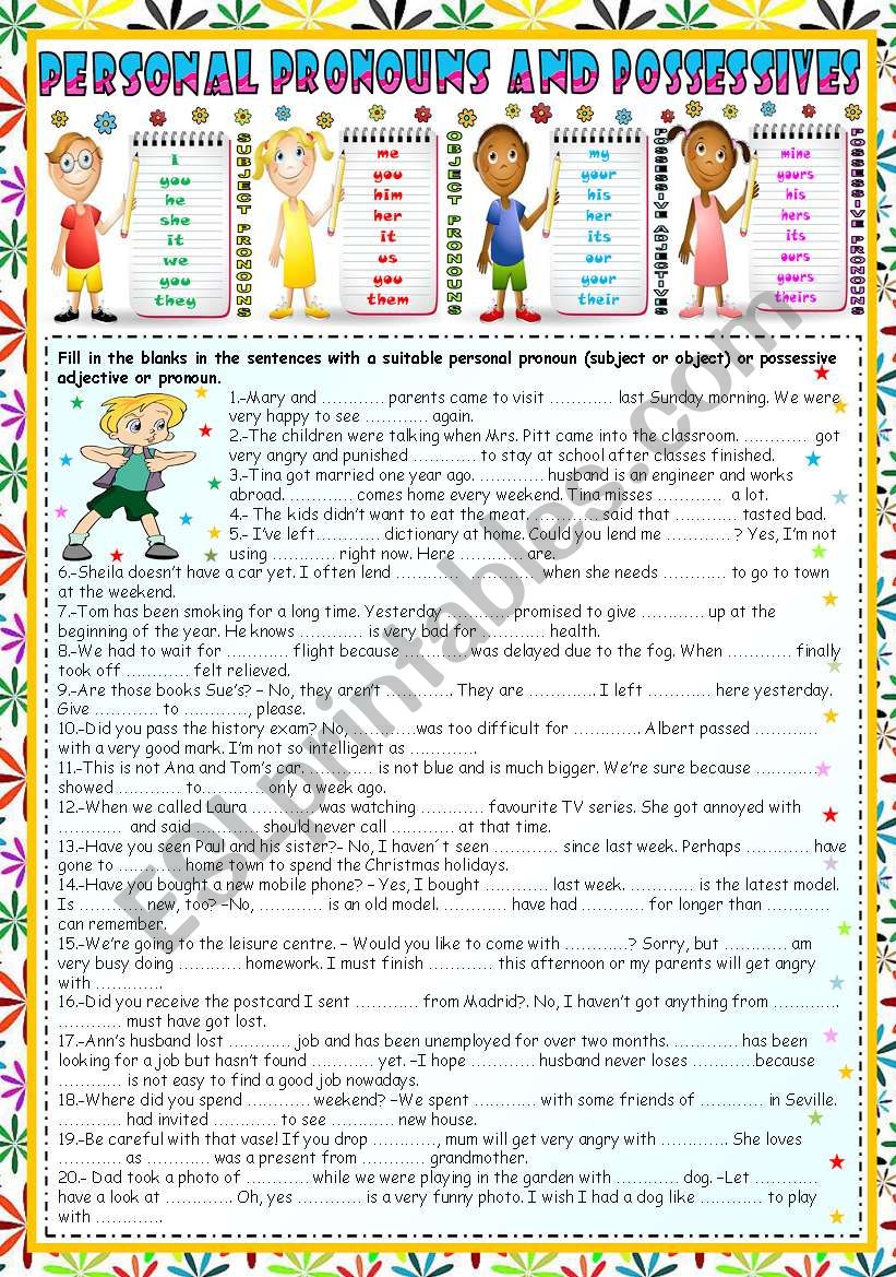 PERSONAL PRONOUNS (SUBJECT-OBJECT) POSSESSIVE ADJECTIVES AND PRONOUNS (KEY INCLUDED)