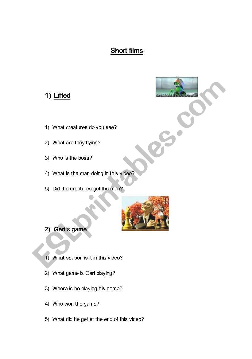 Short Films Questions worksheet