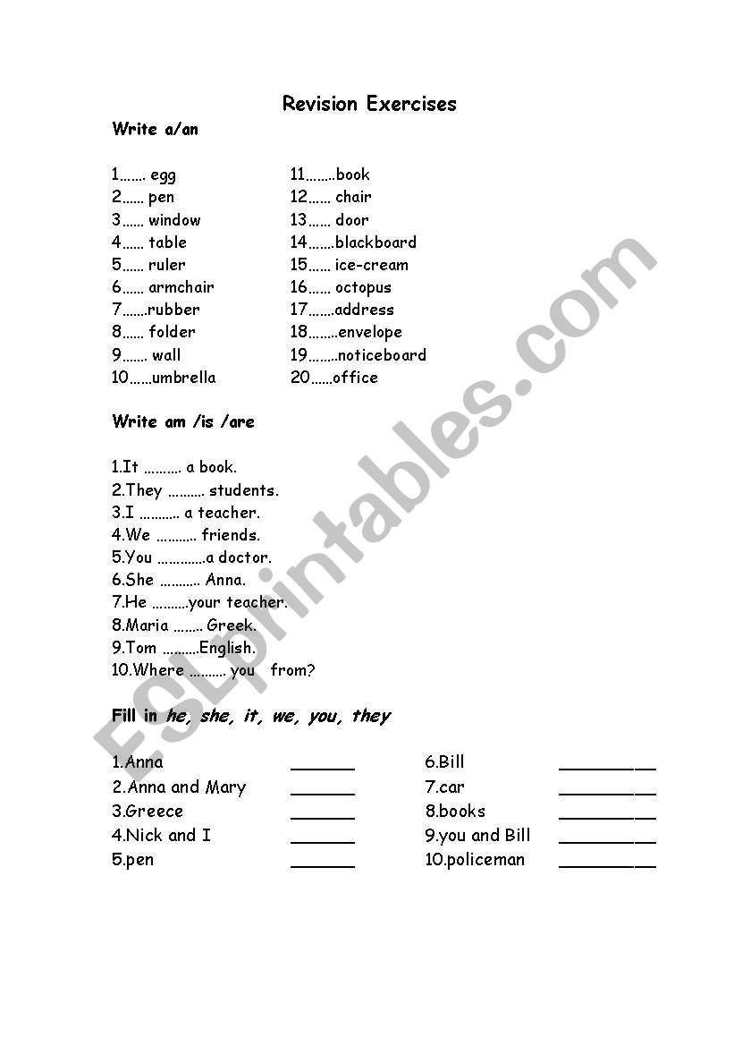 Revising a,an,be and alphabet worksheet