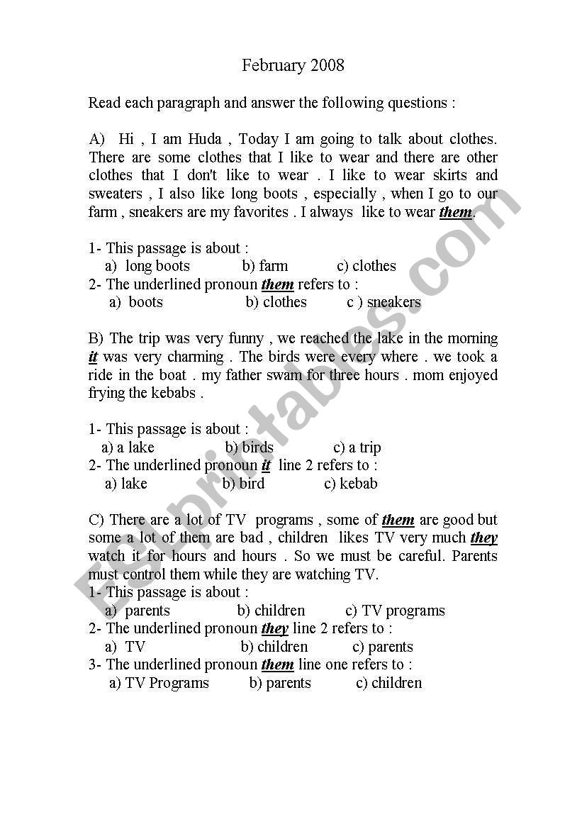 Reading worksheet