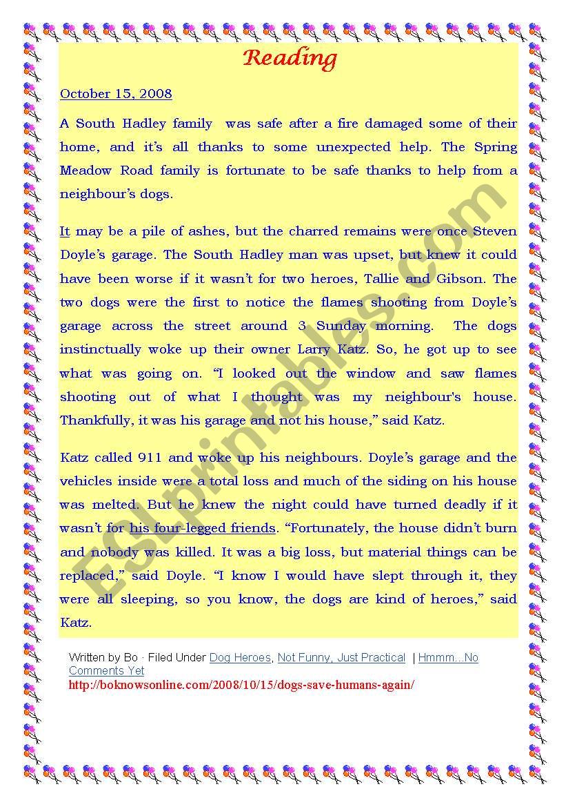 A reading passage about Tallie and Gibson;two dogs=two hereos/ useful for end-term exam 1st year secondary education Tunisia