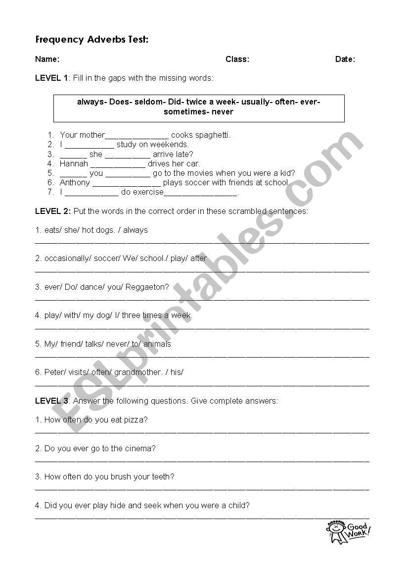 Frequency Adverbs handout worksheet