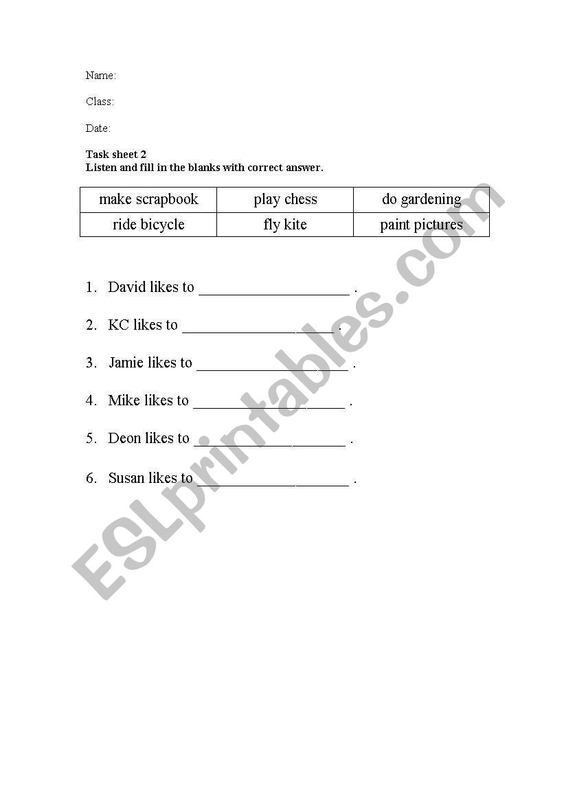 hobbies worksheet