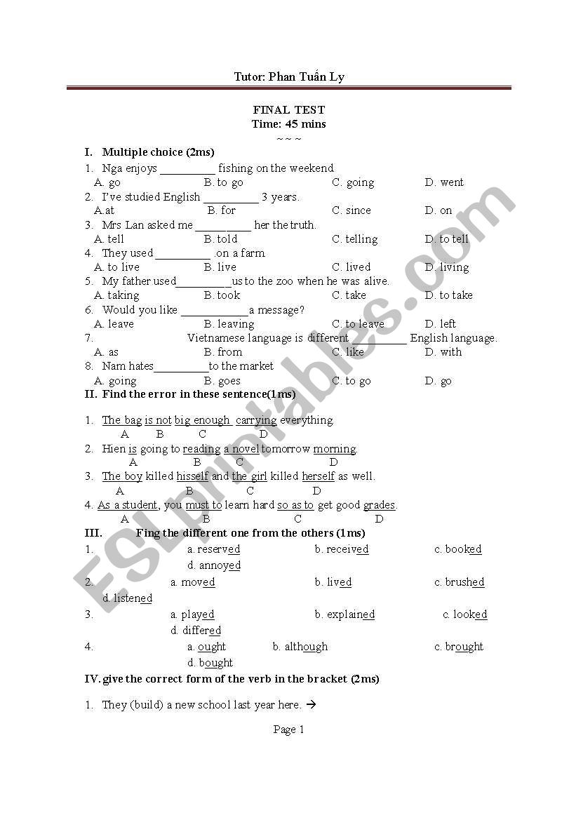 final test worksheet