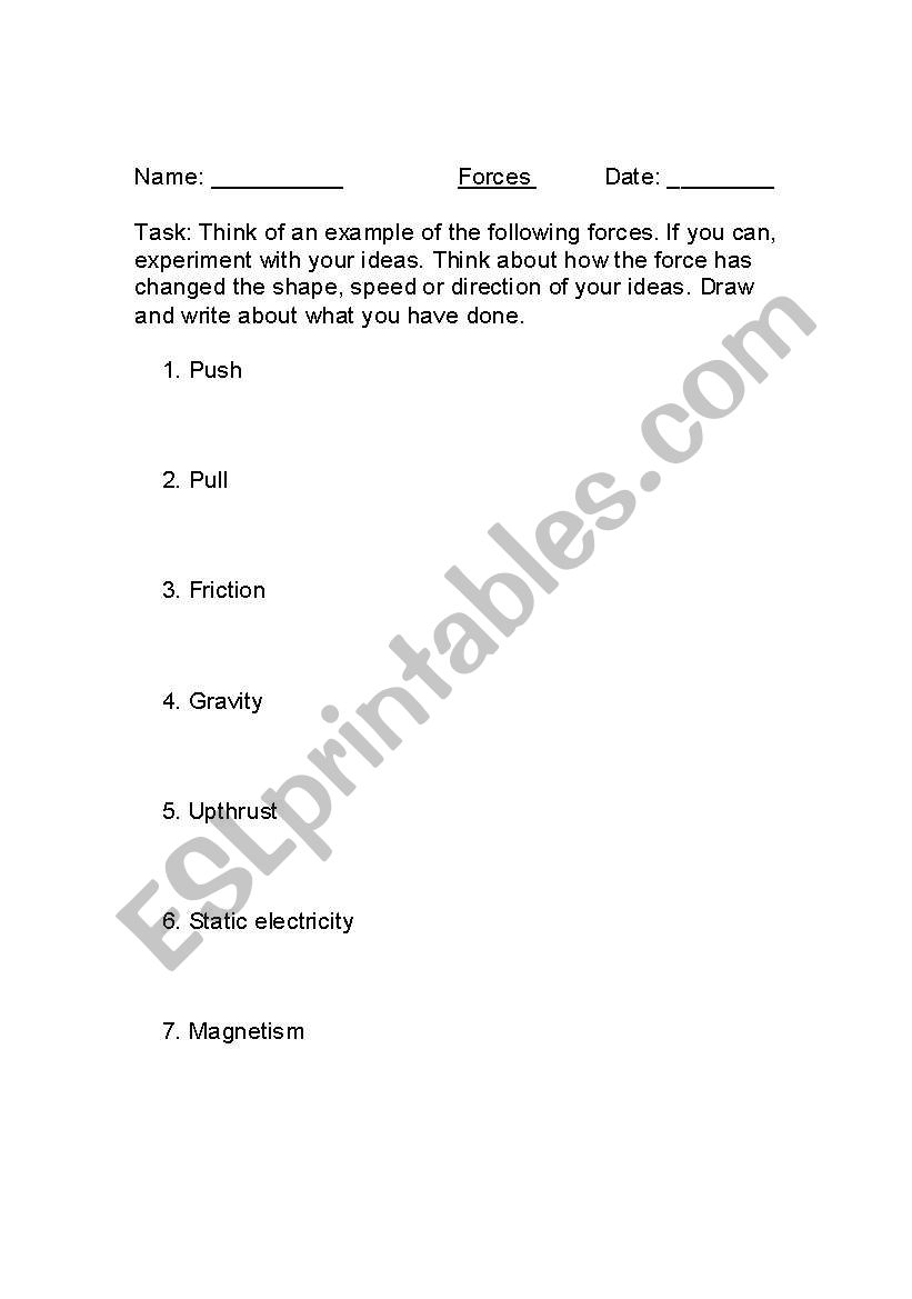 Science: Forces worksheet