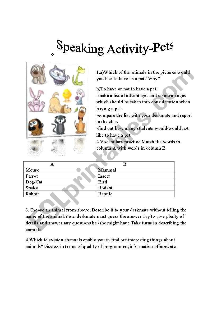 Speaking Activity-Pets worksheet