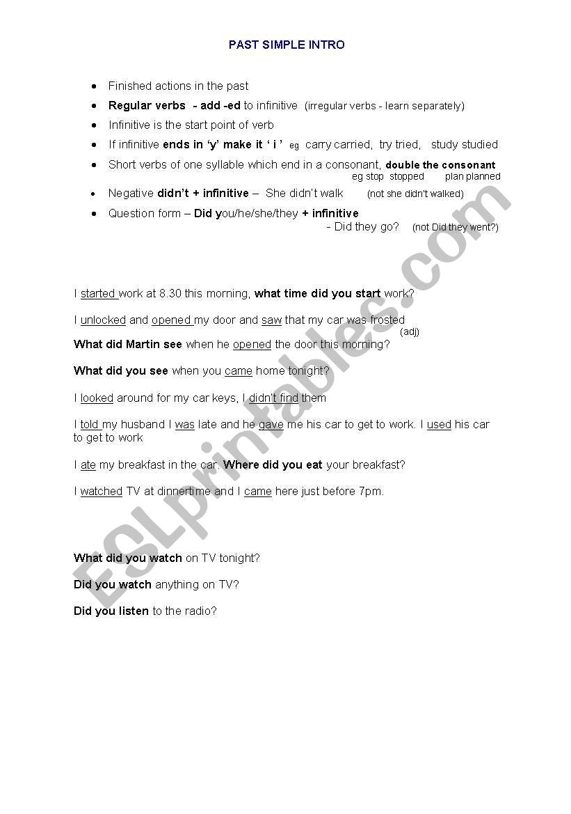 PAST SIMPLE - INTRODUCTION worksheet