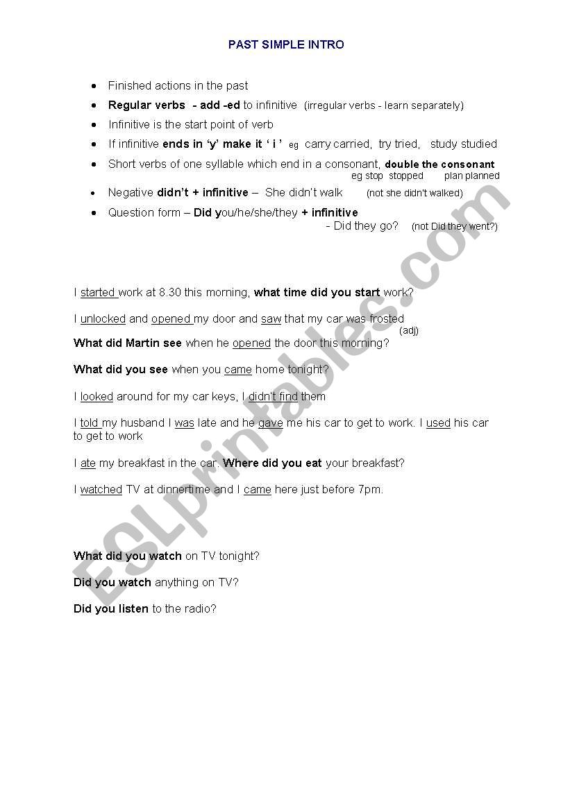 PAST SIMPLE - INTRODUCTION worksheet