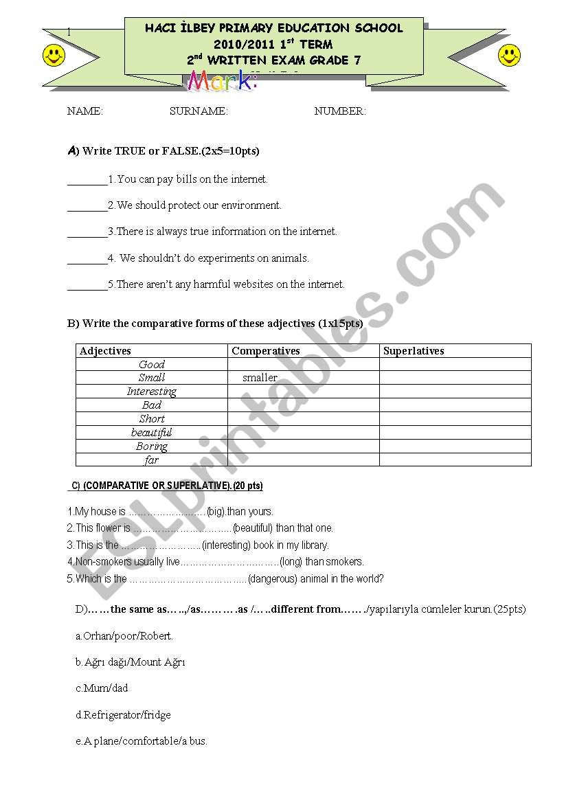 exam paper comparative superative