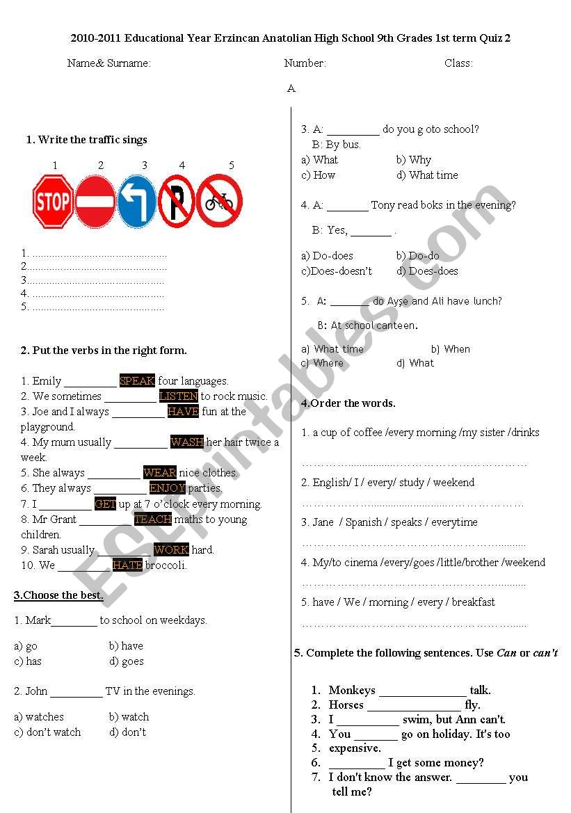 quiz for 9th grades worksheet