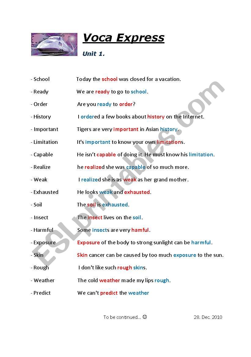 Voca Express_Unit 1 worksheet