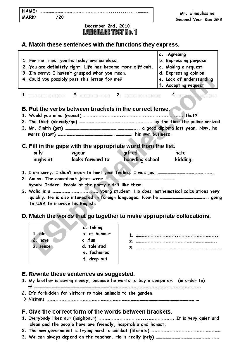 Language test for Moroccan 2nd Year Bac Students using TICKET 2 ENGLISH:Term 1  