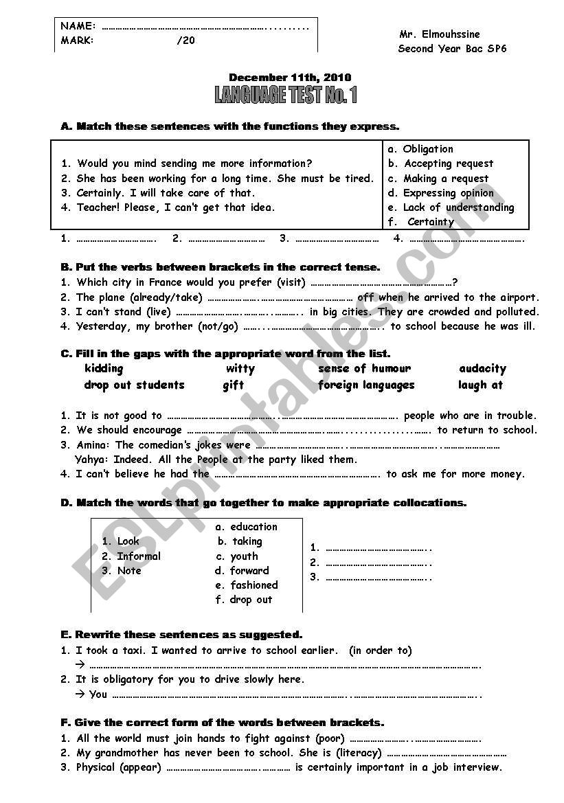 test for 2nd year bac students using TICKET TO ENGLISH in Morocco.First term