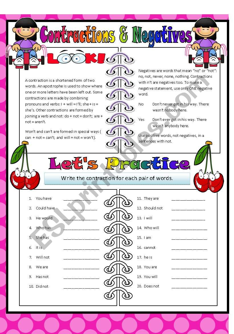 Contractions & Negatives worksheet