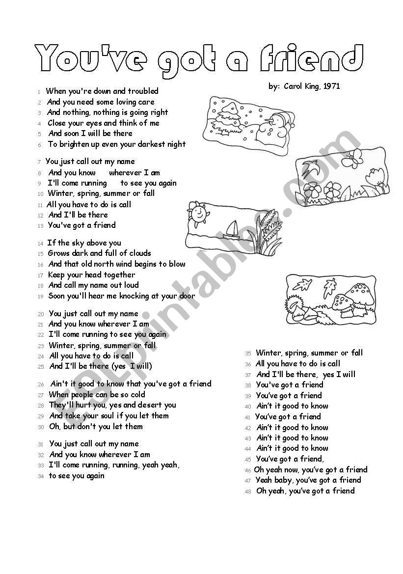 Carol King Classic You Ve Got A Friend 2 Pages Esl Worksheet By Mariong