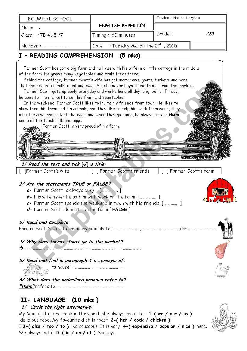 test 4 grade 7  worksheet