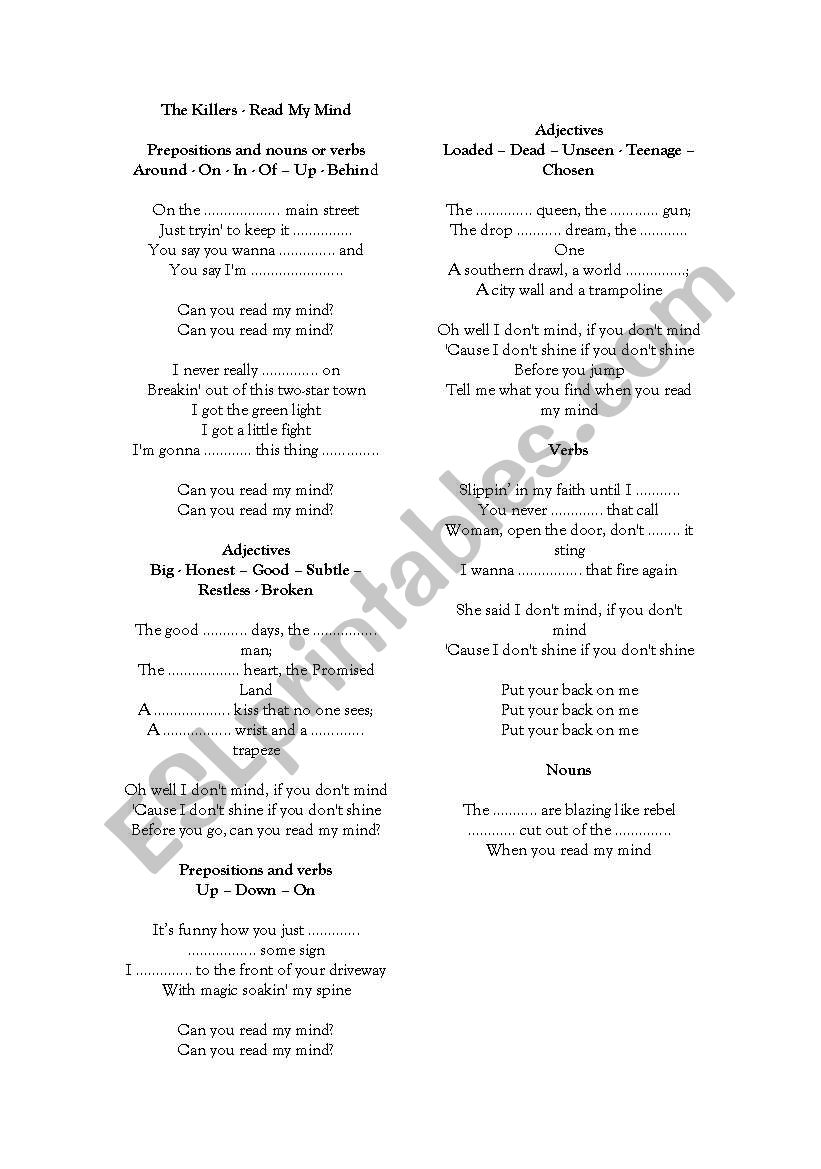 The Killers - Read my mind worksheet