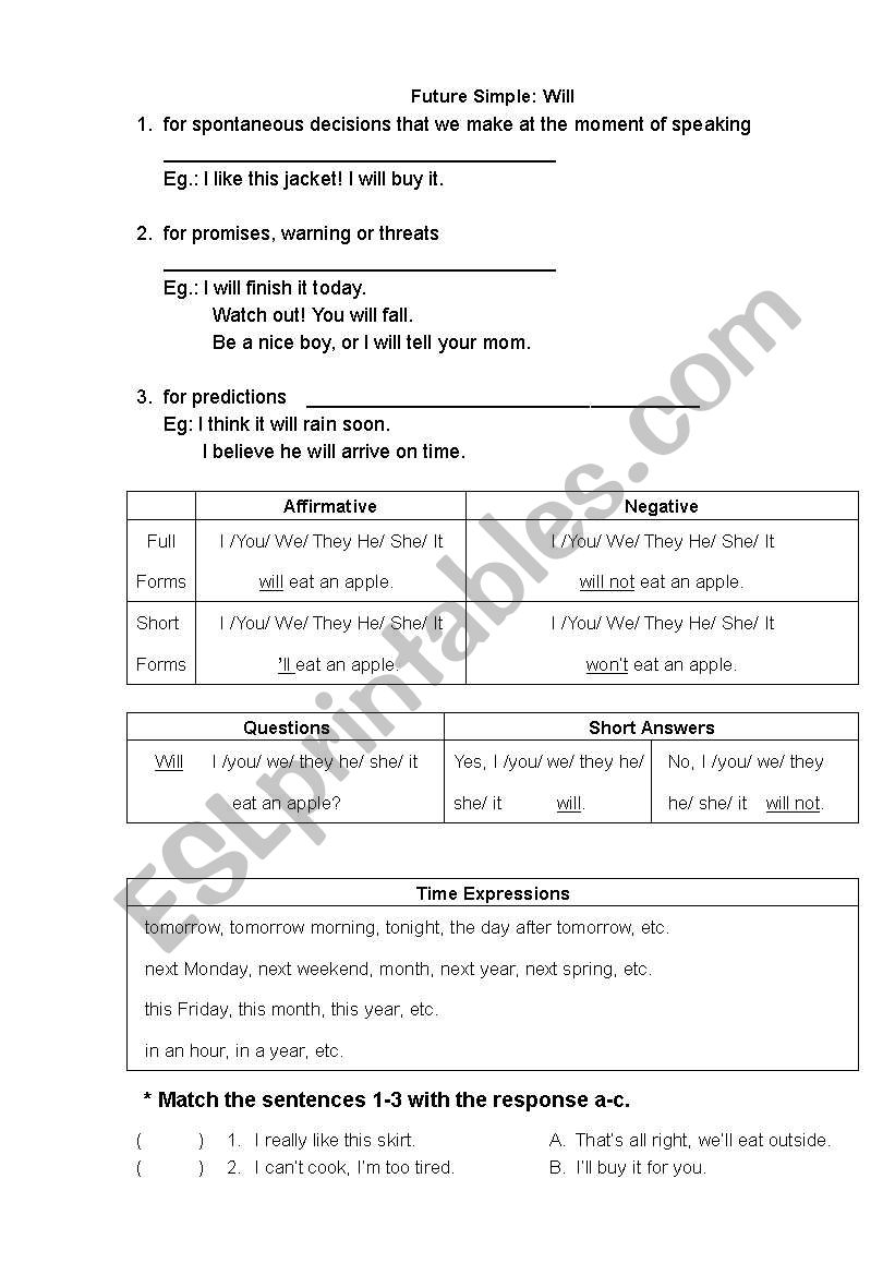 Simple Future Handout worksheet