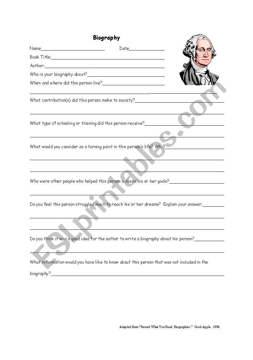 Biography Reading Response worksheet