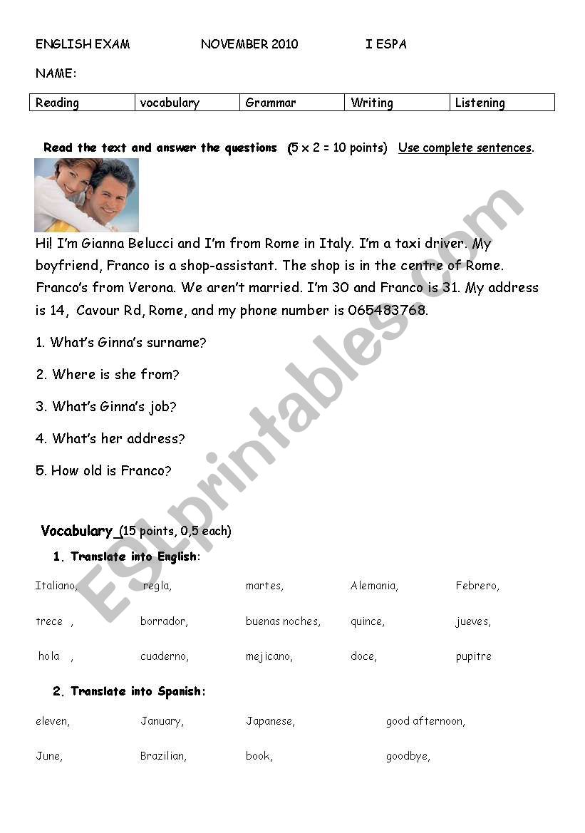 Test for adults worksheet