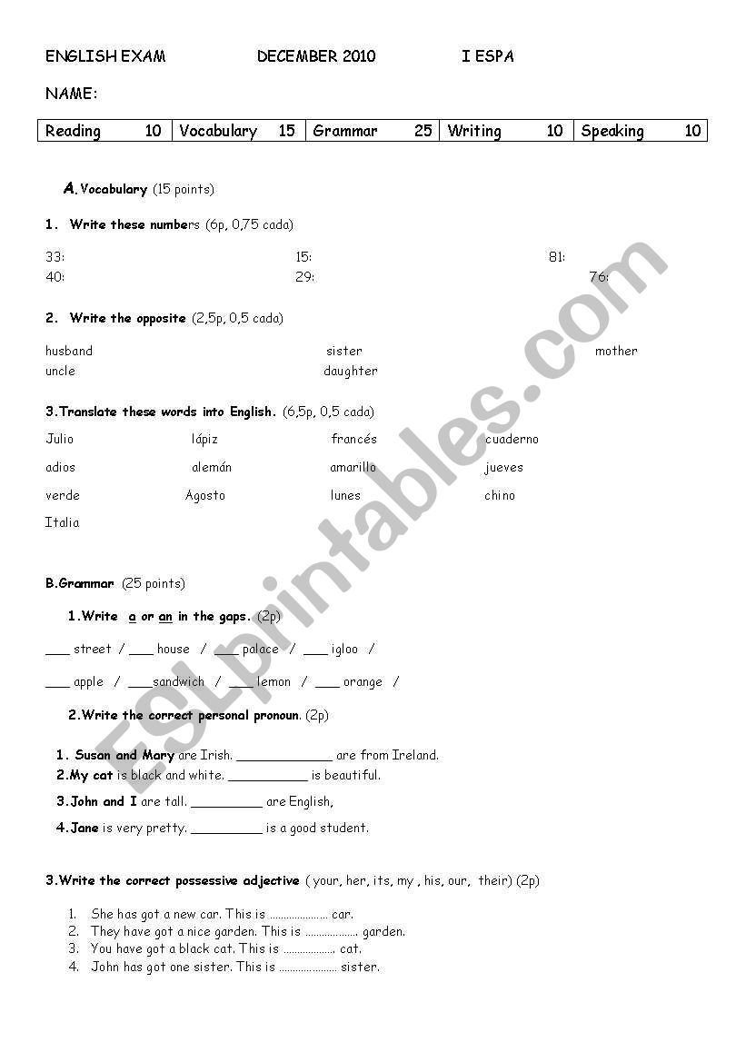 First term test for adults worksheet