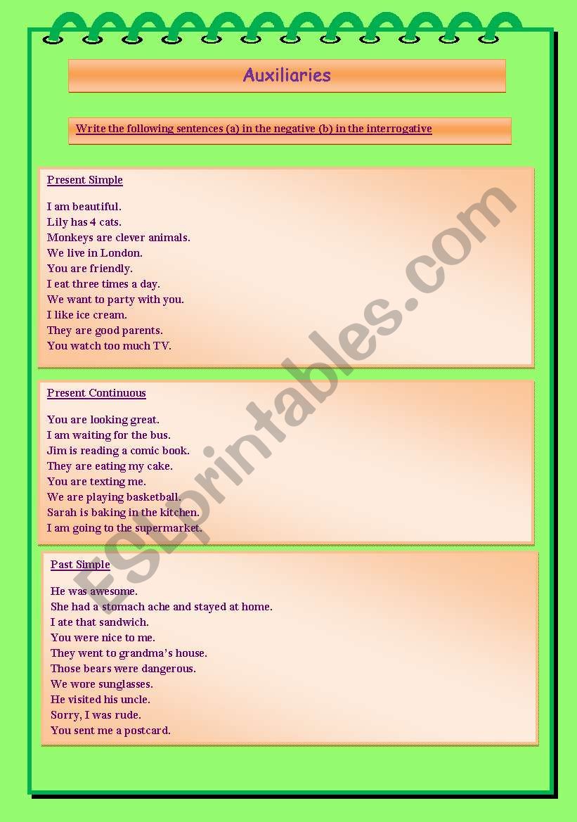 Auxiliaries (for practising the interrogative & negative sentences, two pages)