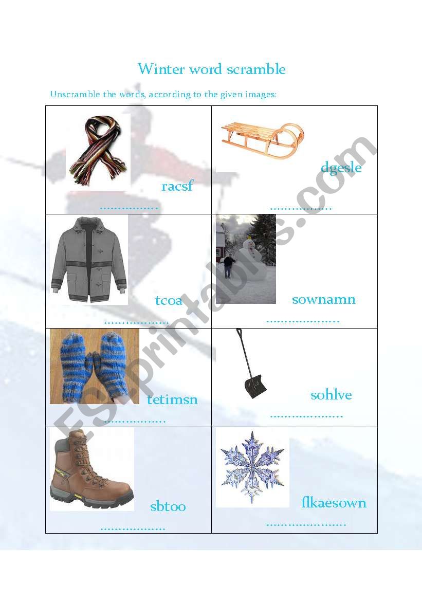 winter word scramble worksheet