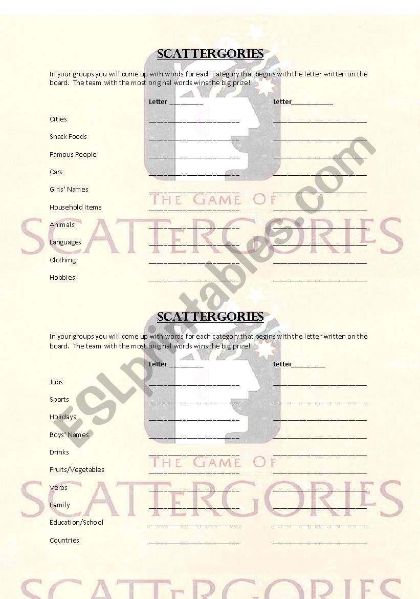 Scattergories worksheet