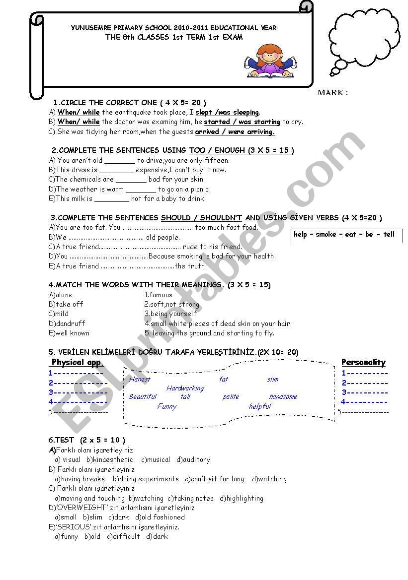 sample exam for 8th grade worksheet