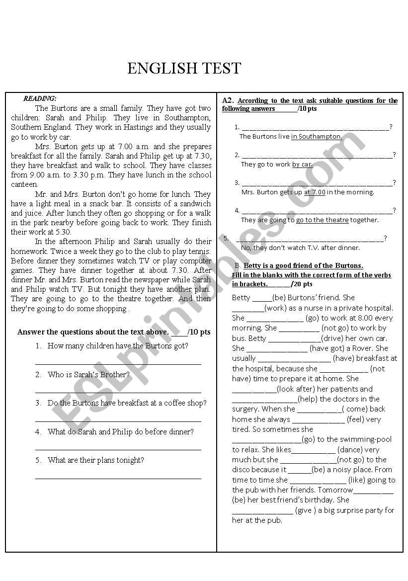 An English exam for elementary level students