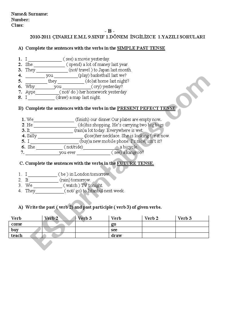 exam worksheet