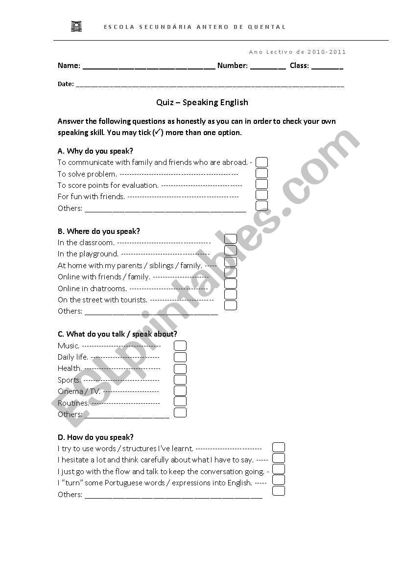 Listening and Speaking quizz worksheet