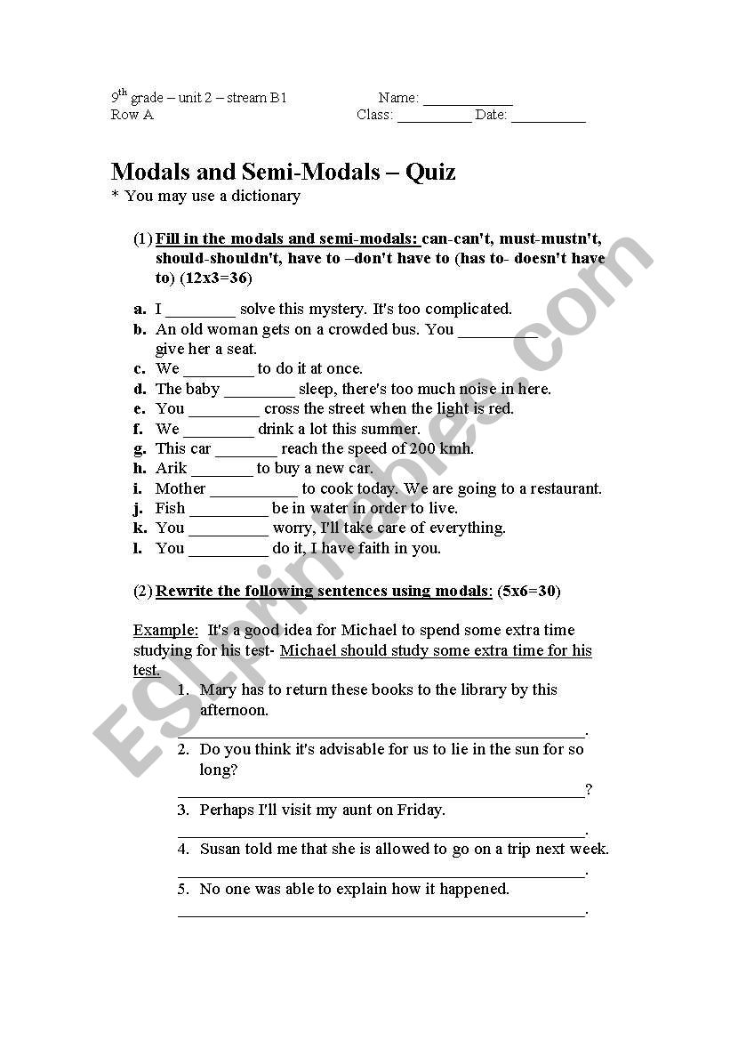 a quiz on modals and semi-modals